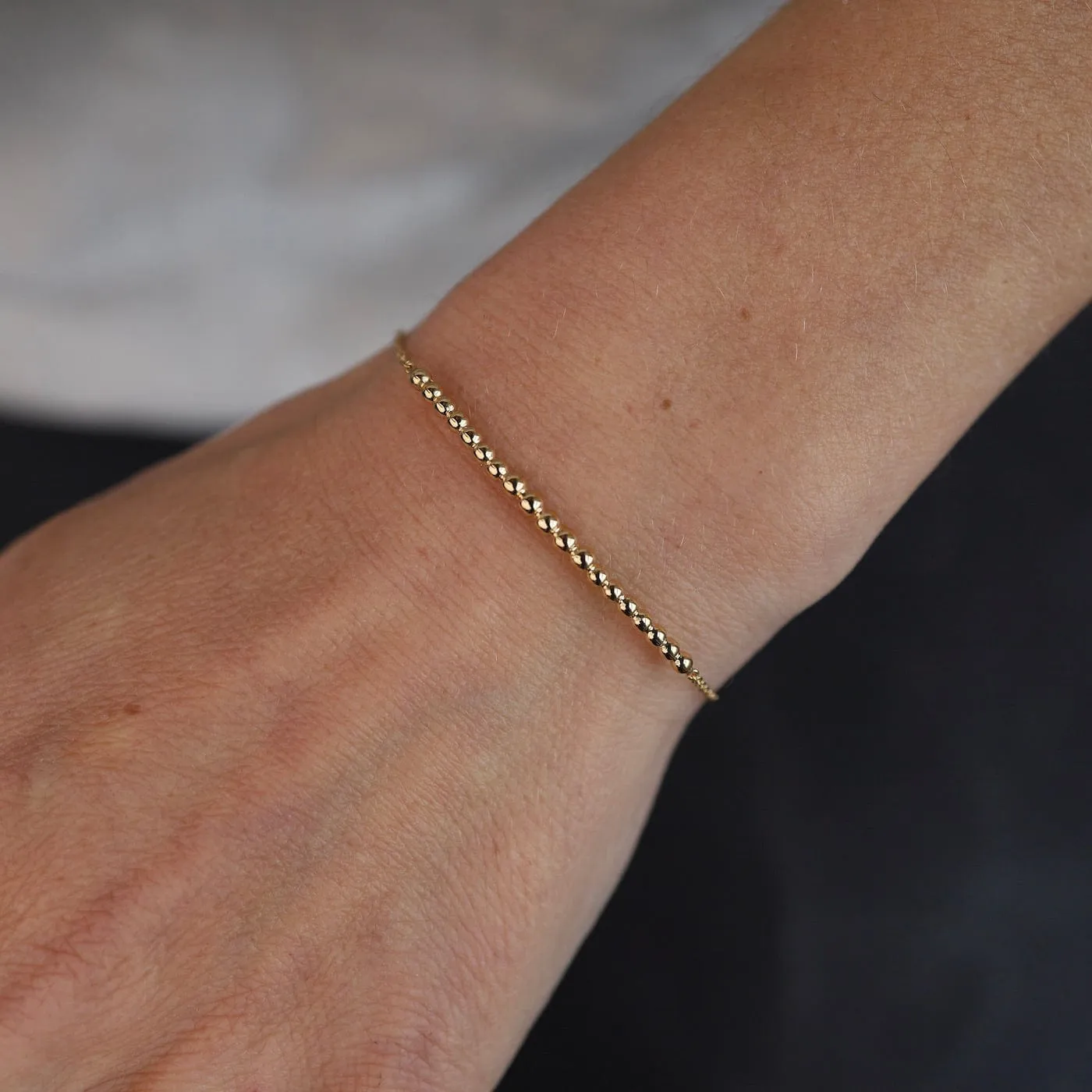 14k Curved Beaded Bar Bracelet