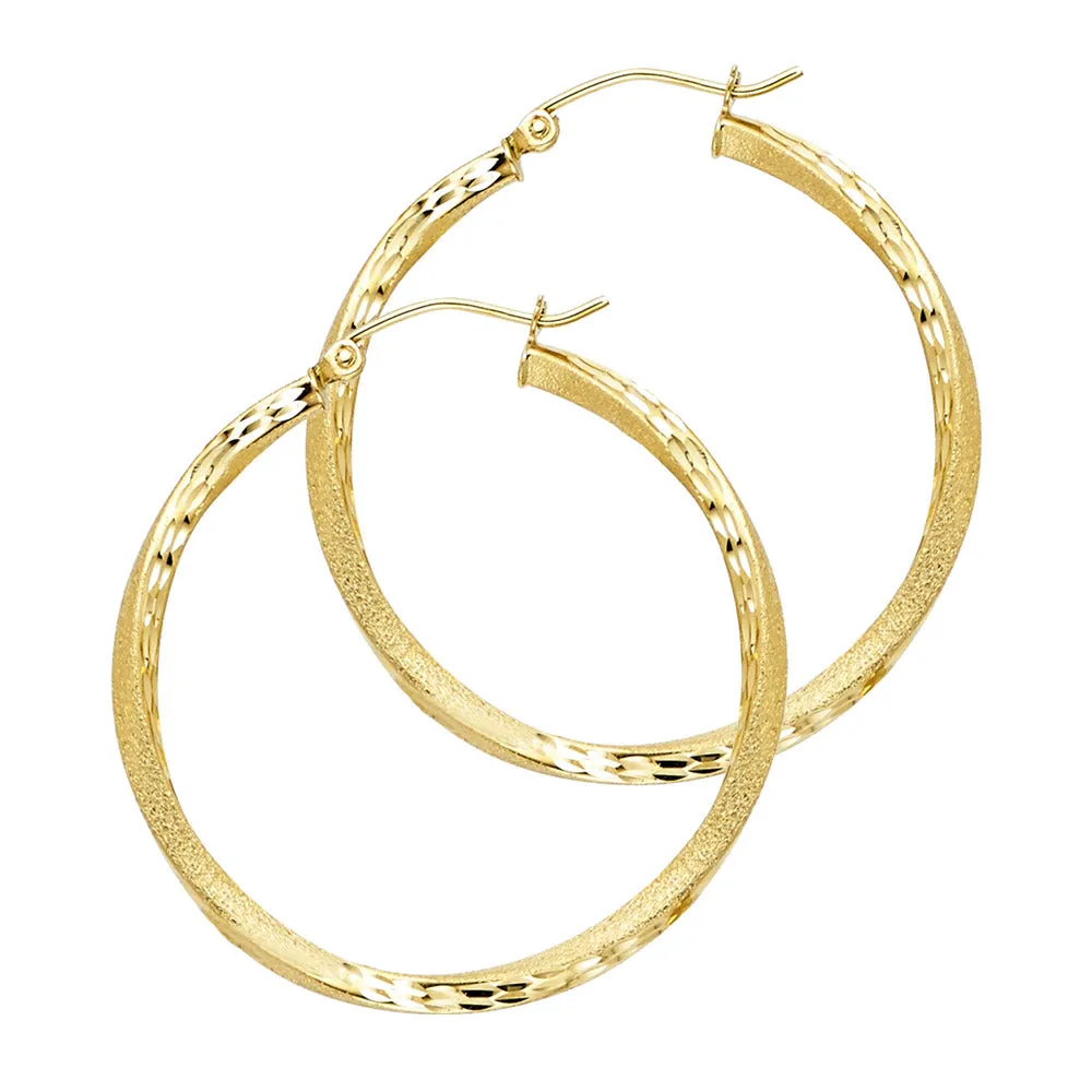 14K Gold 2.6mm Diamond Cut Satin Hoops