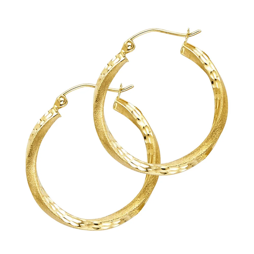 14K Gold 2.6mm Diamond Cut Satin Hoops