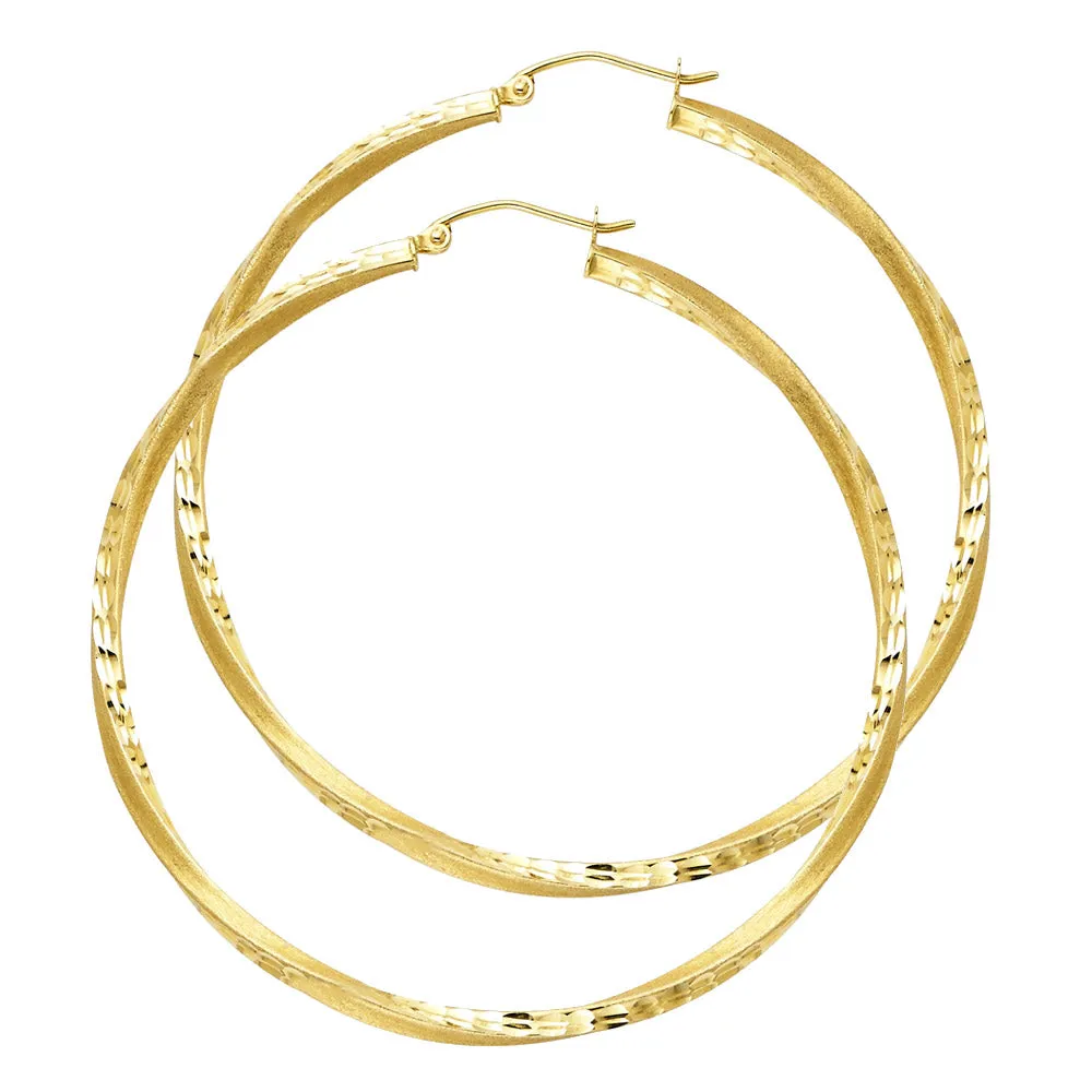 14K Gold 2.6mm Diamond Cut Satin Hoops