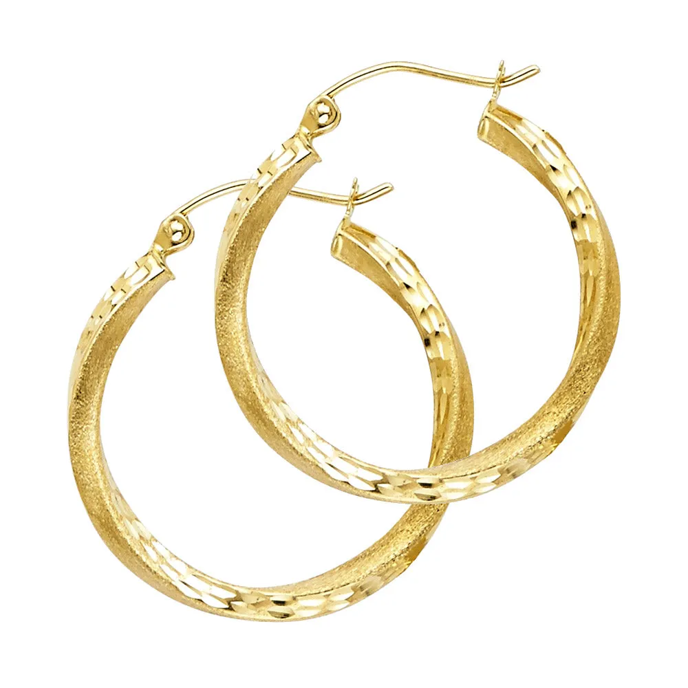 14K Gold 2.6mm Diamond Cut Satin Hoops