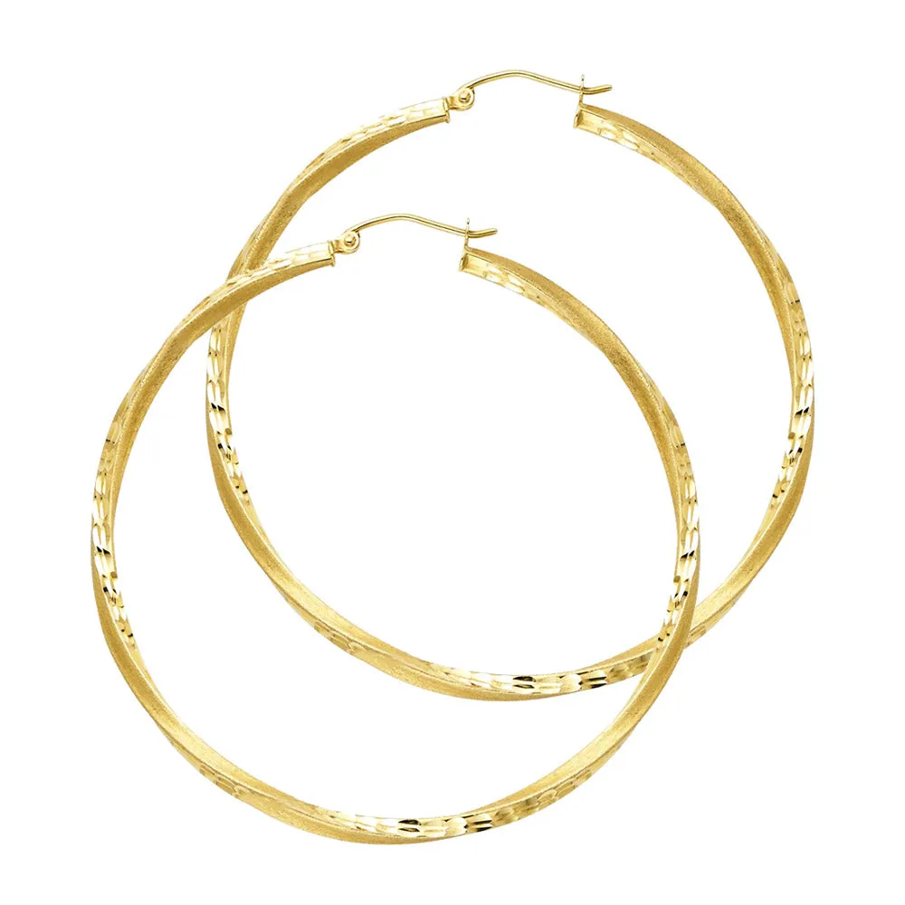 14K Gold 2.6mm Diamond Cut Satin Hoops