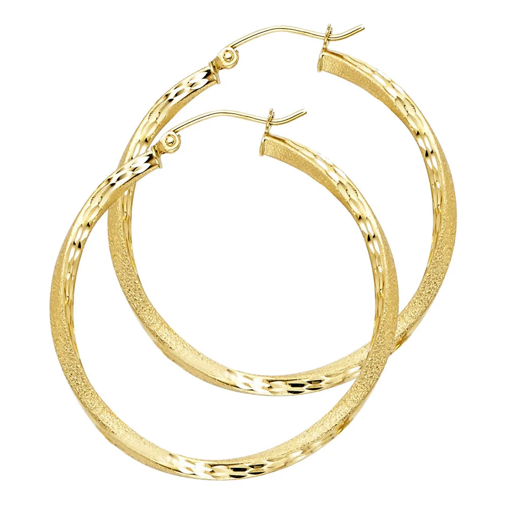 14K Gold 2.6mm Diamond Cut Satin Hoops