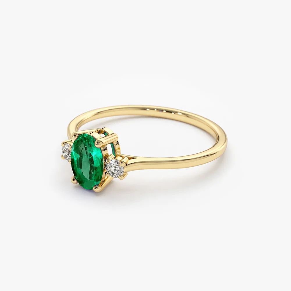 14k Oval Shape Emerald and Diamond 3 Stone Ring