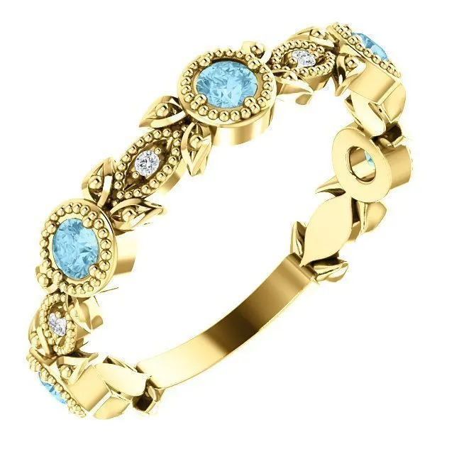 14KT GOLD 0.30 CTW AQUAMARINE & 0.03 CTW DIAMOND LEAF RING