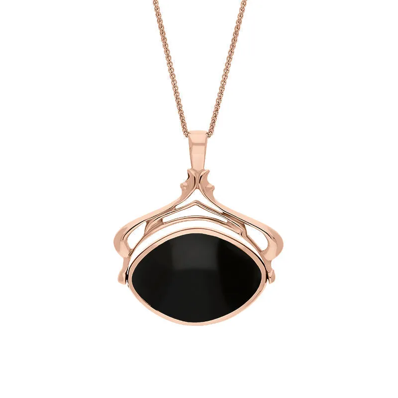 18ct Rose Gold Whitby Jet Mother Of Pearl Marquise Swivel Fob Necklace