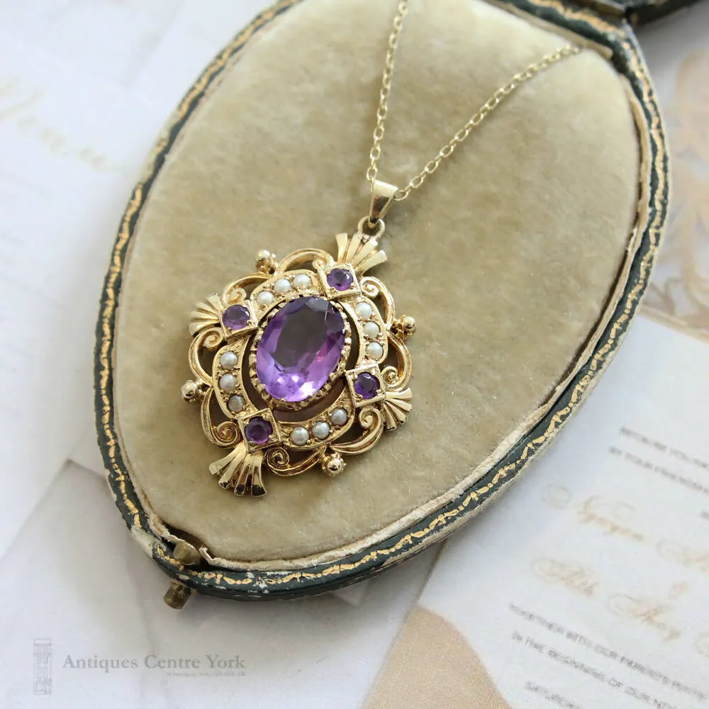 1970's 9ct Amethyst & Pearl Pendant