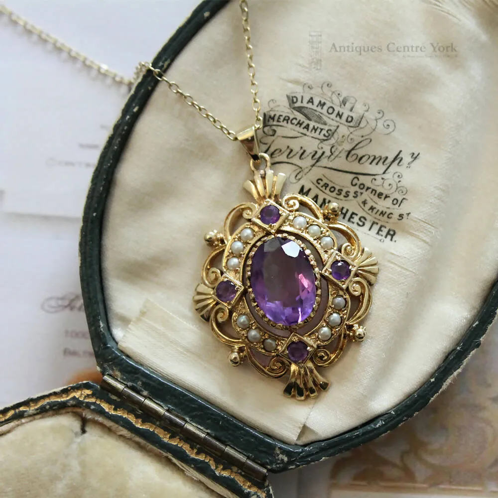 1970's 9ct Amethyst & Pearl Pendant