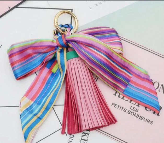 9 colors,  Silk Ribbon Scarves Key holder Bowknot Vegan Leather Tassels Keychains