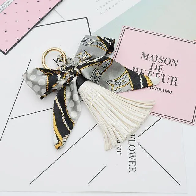 9 colors,  Silk Ribbon Scarves Key holder Bowknot Vegan Leather Tassels Keychains