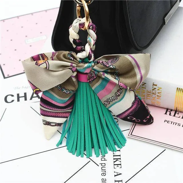 9 colors,  Silk Ribbon Scarves Key holder Bowknot Vegan Leather Tassels Keychains