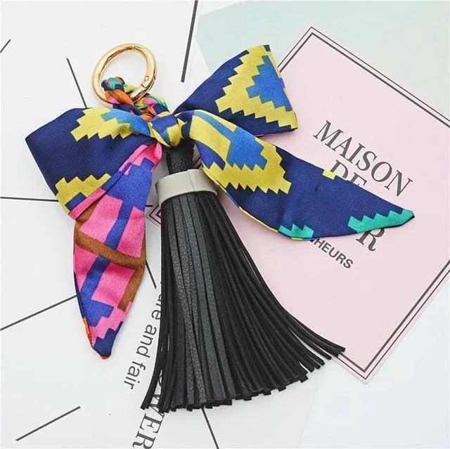 9 colors,  Silk Ribbon Scarves Key holder Bowknot Vegan Leather Tassels Keychains