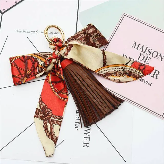 9 colors,  Silk Ribbon Scarves Key holder Bowknot Vegan Leather Tassels Keychains