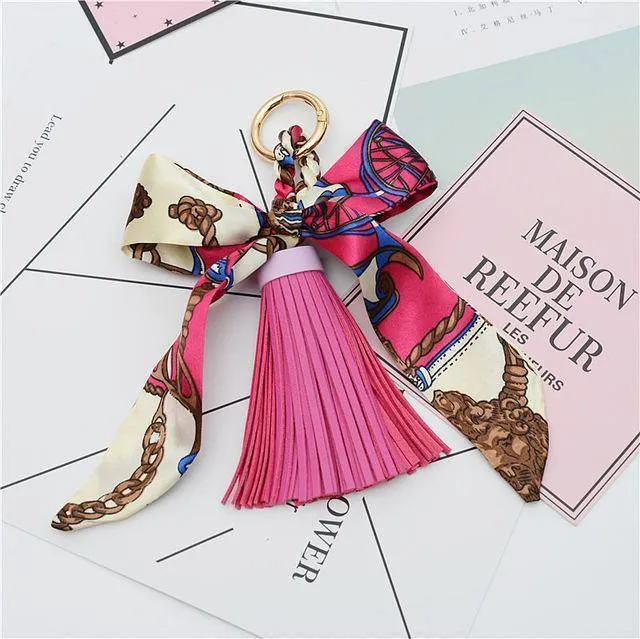 9 colors,  Silk Ribbon Scarves Key holder Bowknot Vegan Leather Tassels Keychains