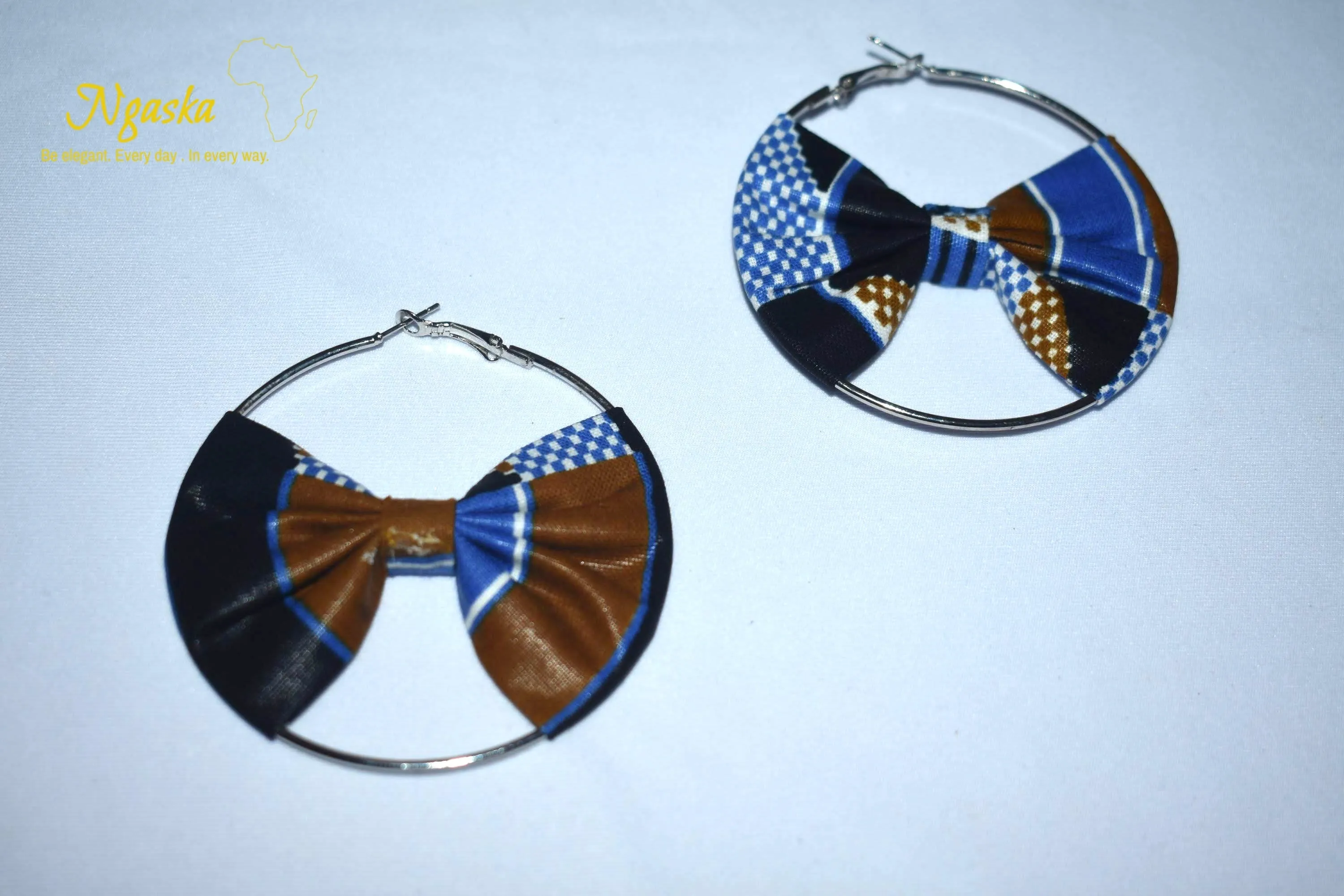 African Print Creole Hoop Earrings, Blue and Brown - ER22