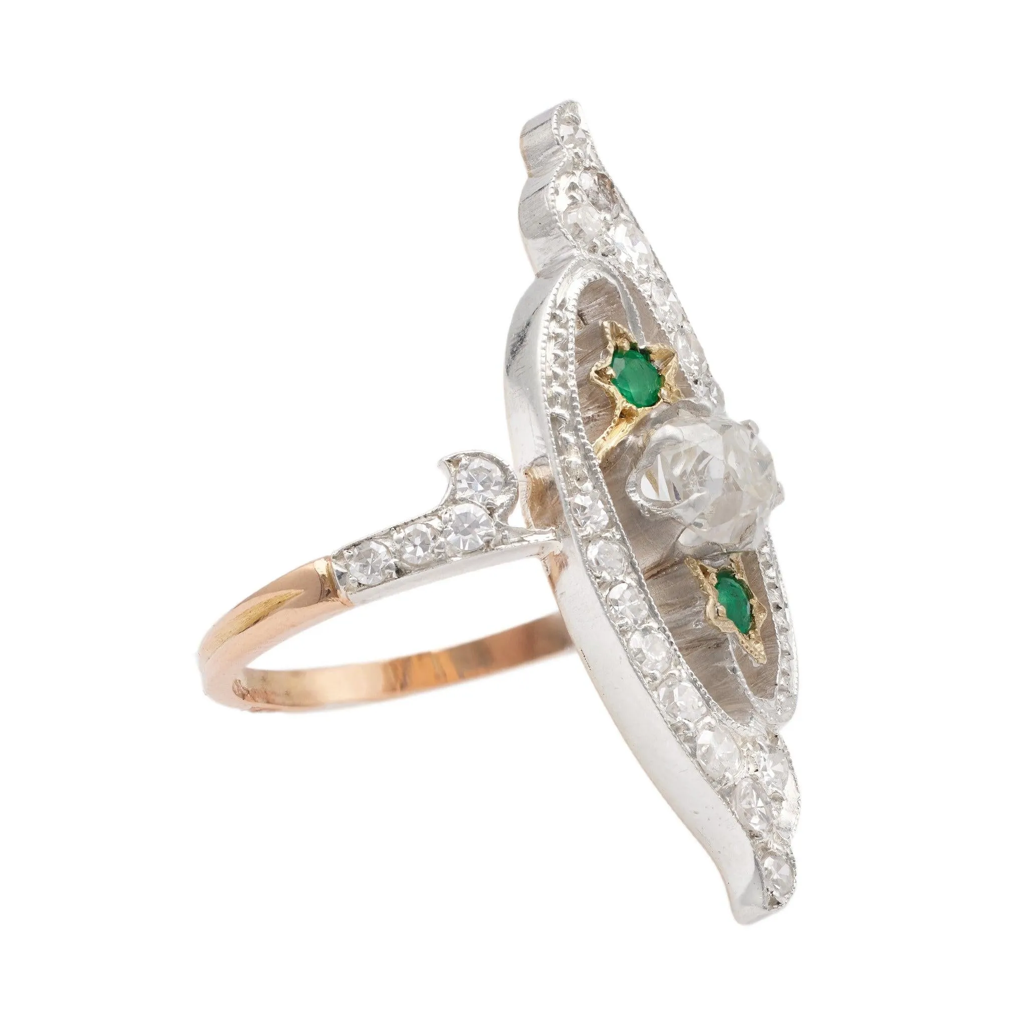 Antique Diamond and Emerald 18k Rose Gold Silver Navette Ring