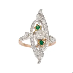 Antique Diamond and Emerald 18k Rose Gold Silver Navette Ring