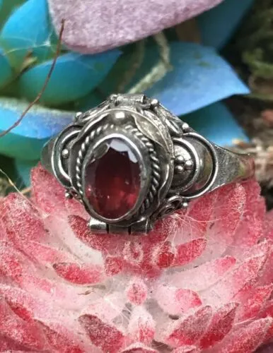 Antique Sterling Silver 925 Garnet Stone Poison Ring