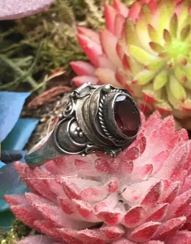 Antique Sterling Silver 925 Garnet Stone Poison Ring