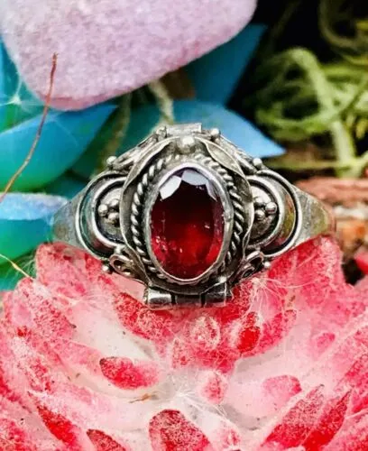 Antique Sterling Silver 925 Garnet Stone Poison Ring