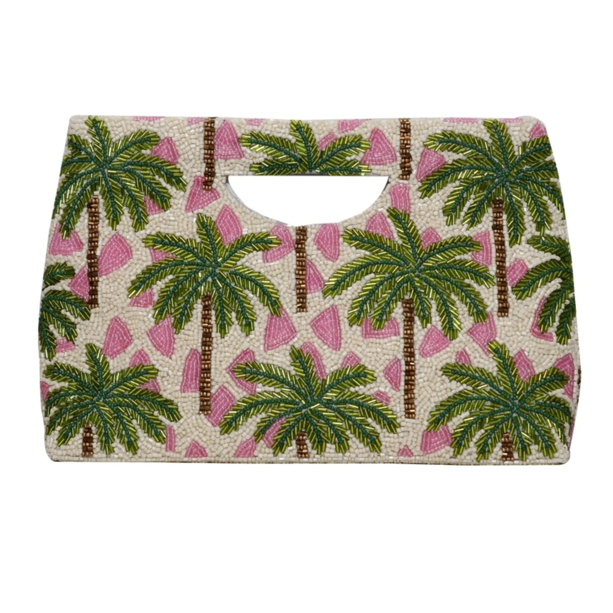 Beaded Pink & Green Palm Tree Clutch Purse