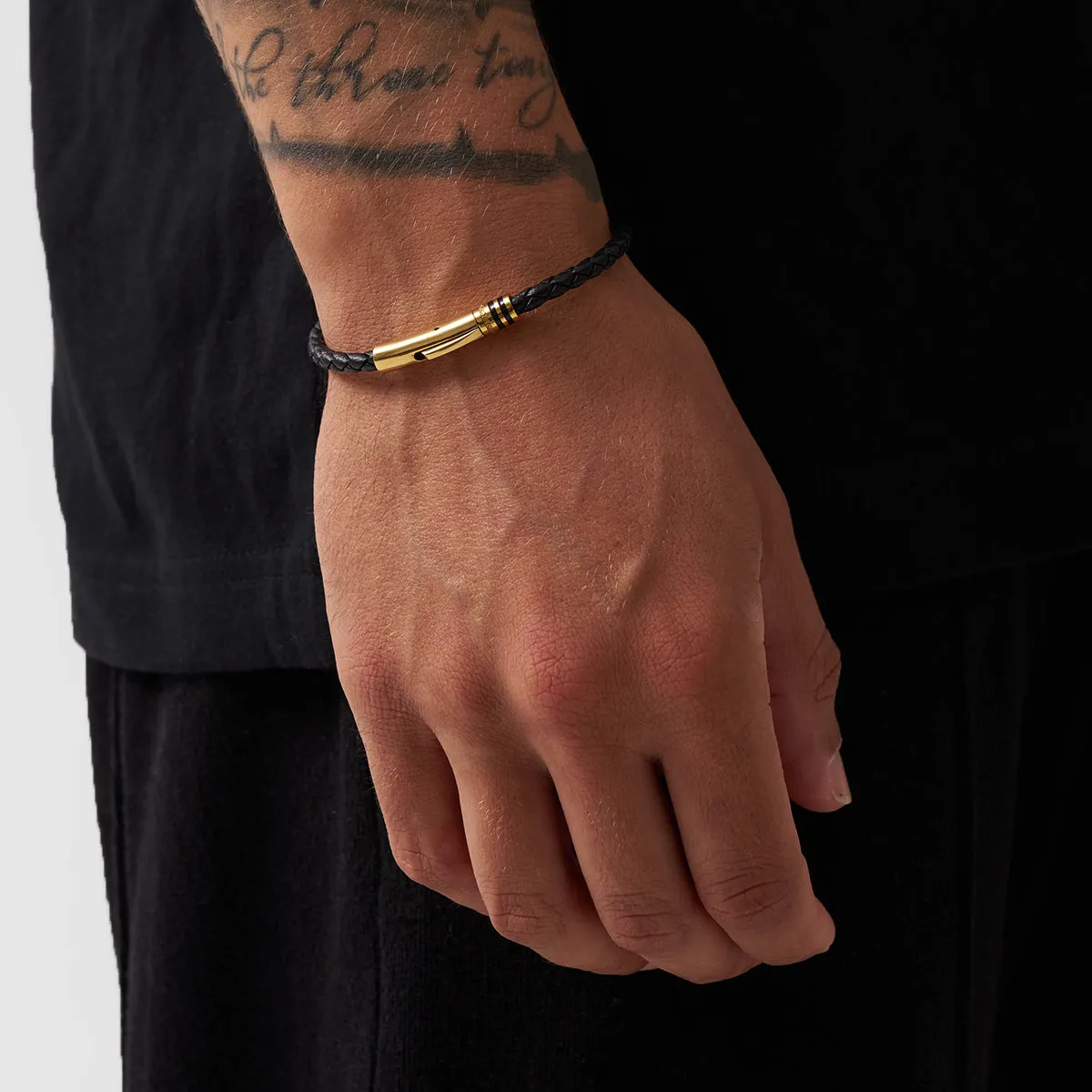 Black Leather Bracelet (Gold)