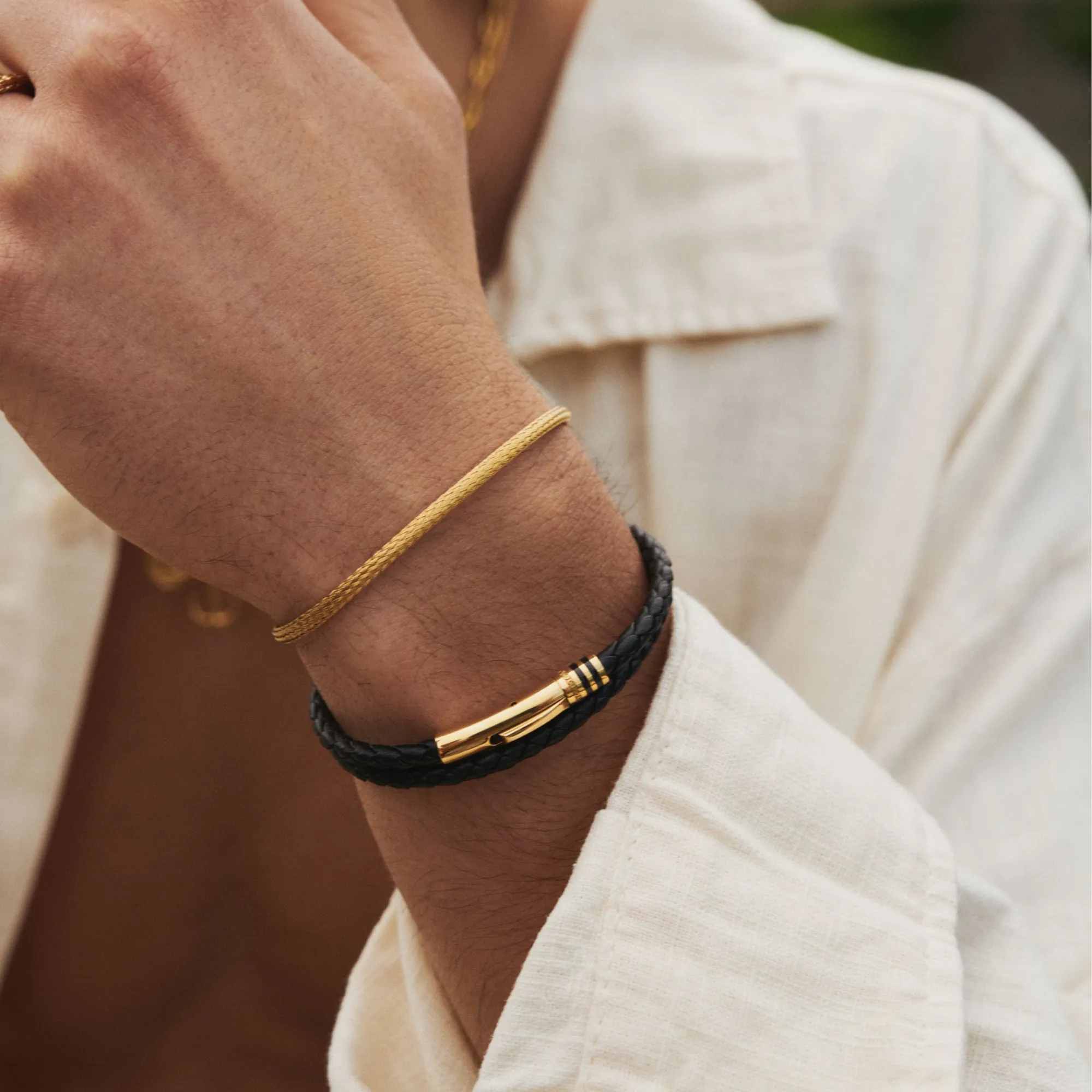 Black Leather Bracelet (Gold)