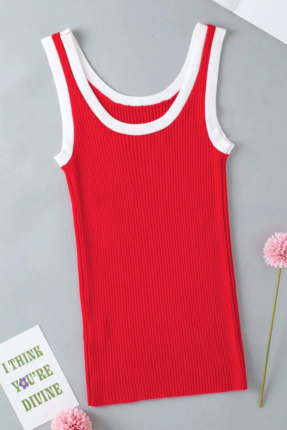 Colorblock Edge Ribbed Knit U Neck Tank Top