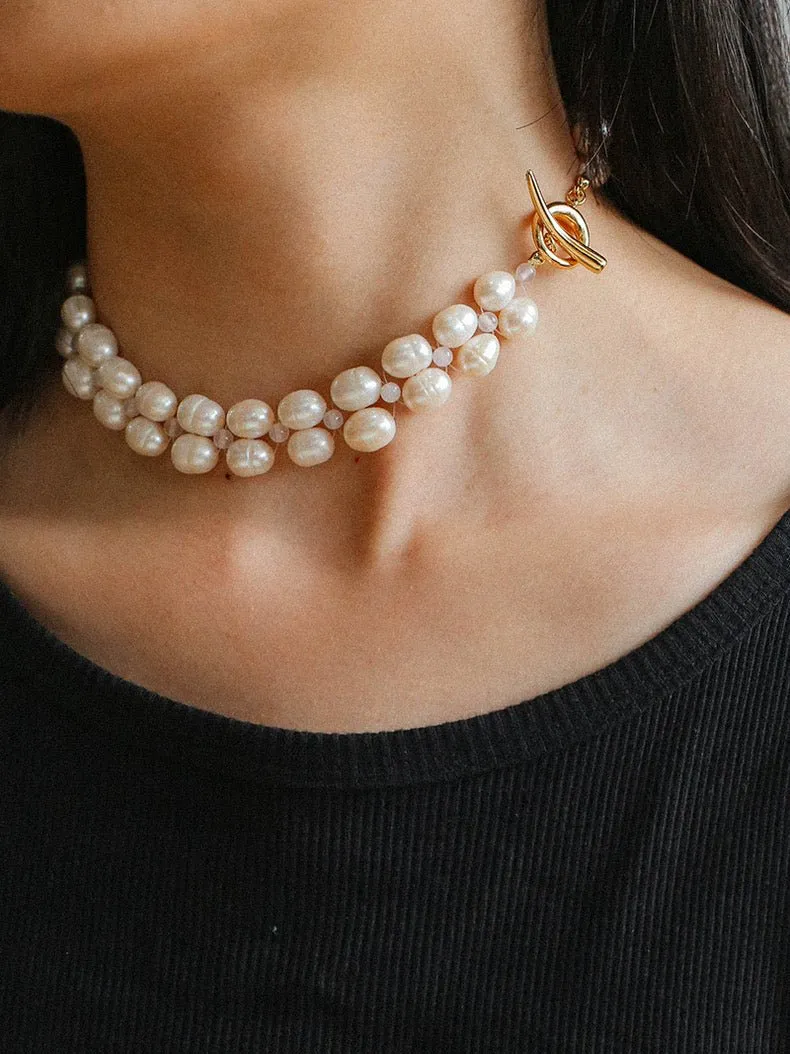 Double Layer Braided Freshwater Pearl Necklace OT Choker