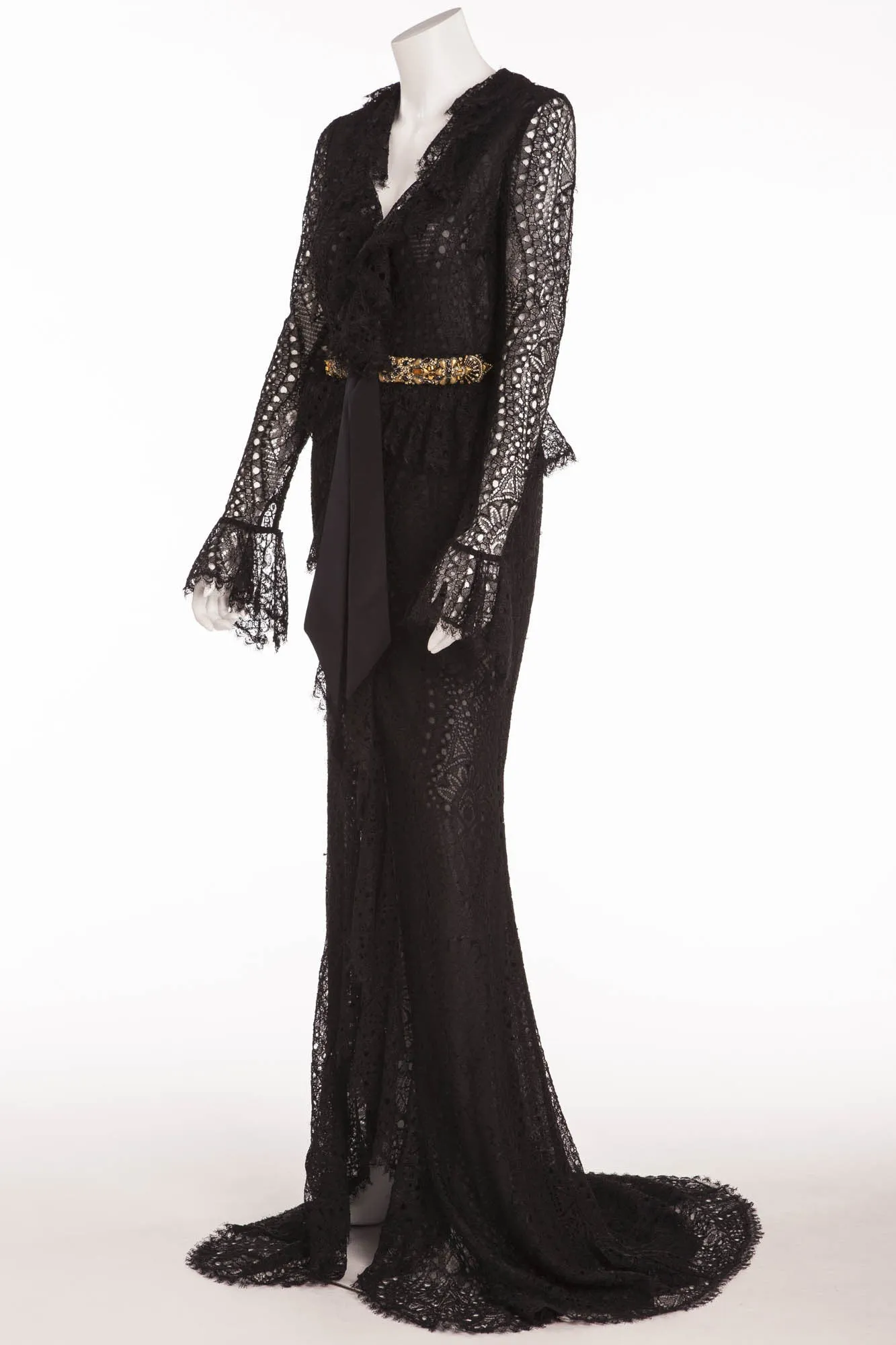 Emilio Pucci - Long Sleeve Black Lace Dress with Gold Beaded Belt - IT 42