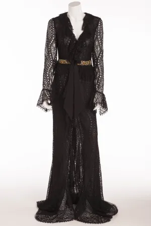 Emilio Pucci - Long Sleeve Black Lace Dress with Gold Beaded Belt - IT 42