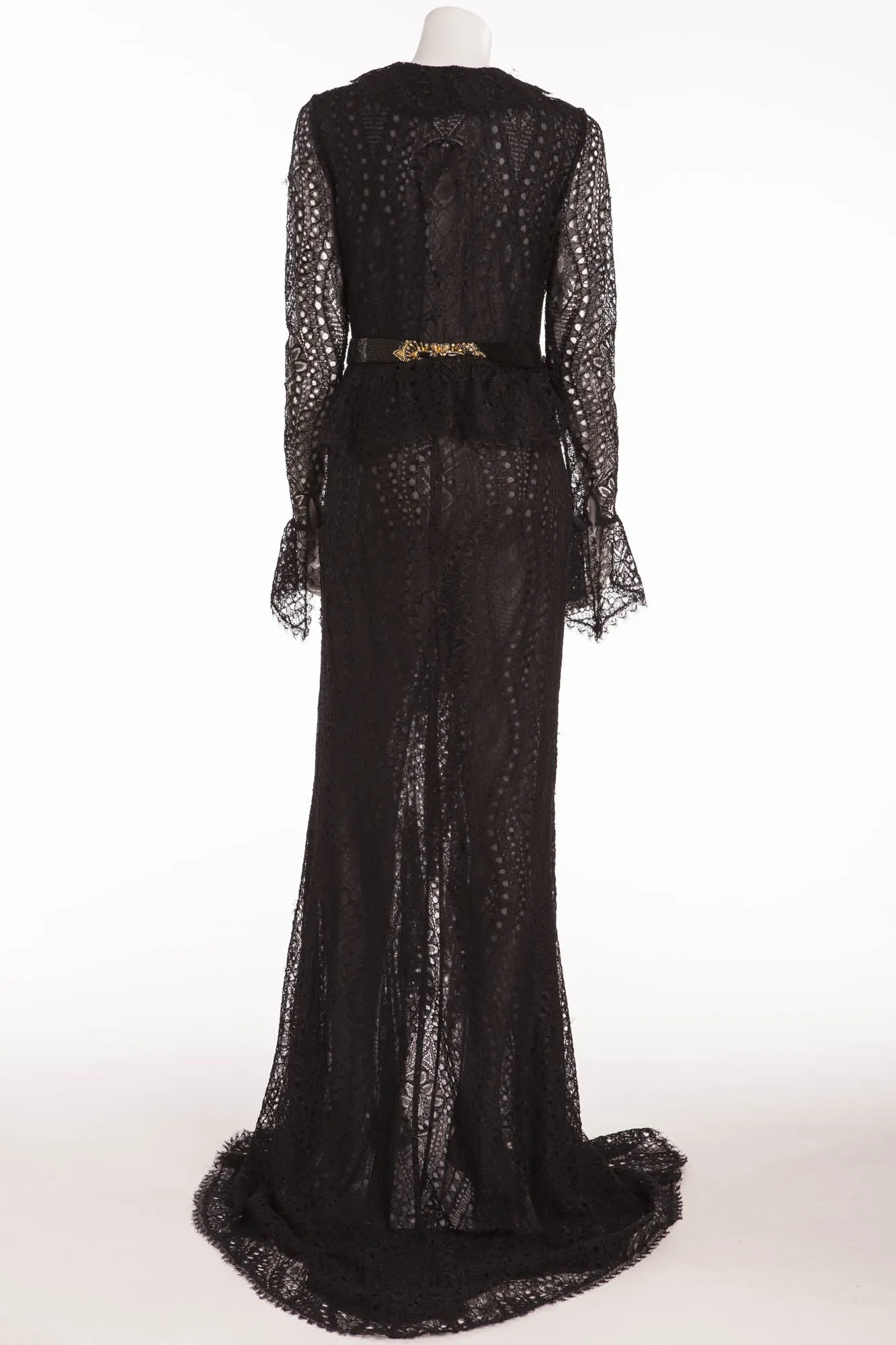 Emilio Pucci - Long Sleeve Black Lace Dress with Gold Beaded Belt - IT 42