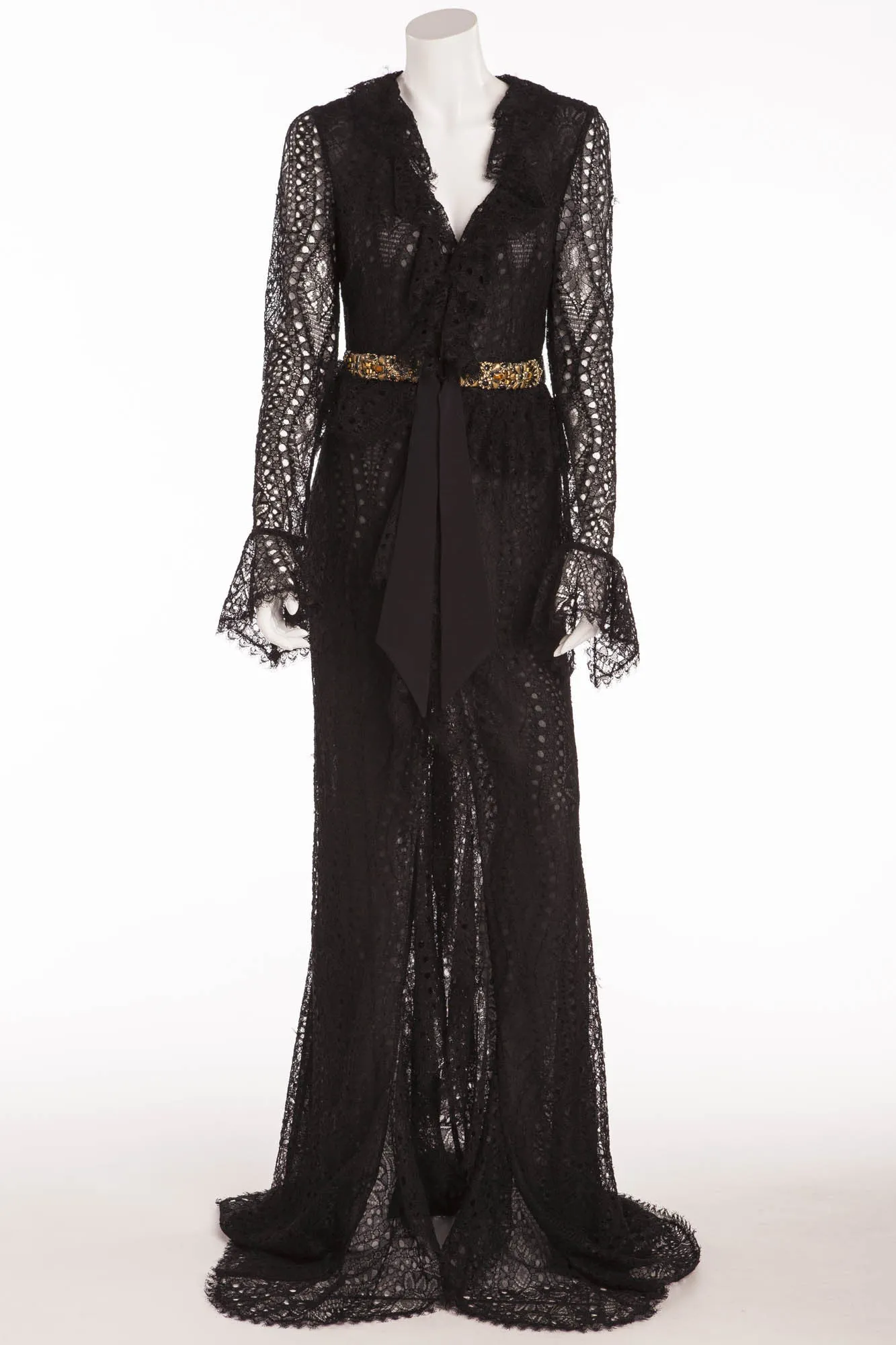 Emilio Pucci - Long Sleeve Black Lace Dress with Gold Beaded Belt - IT 42