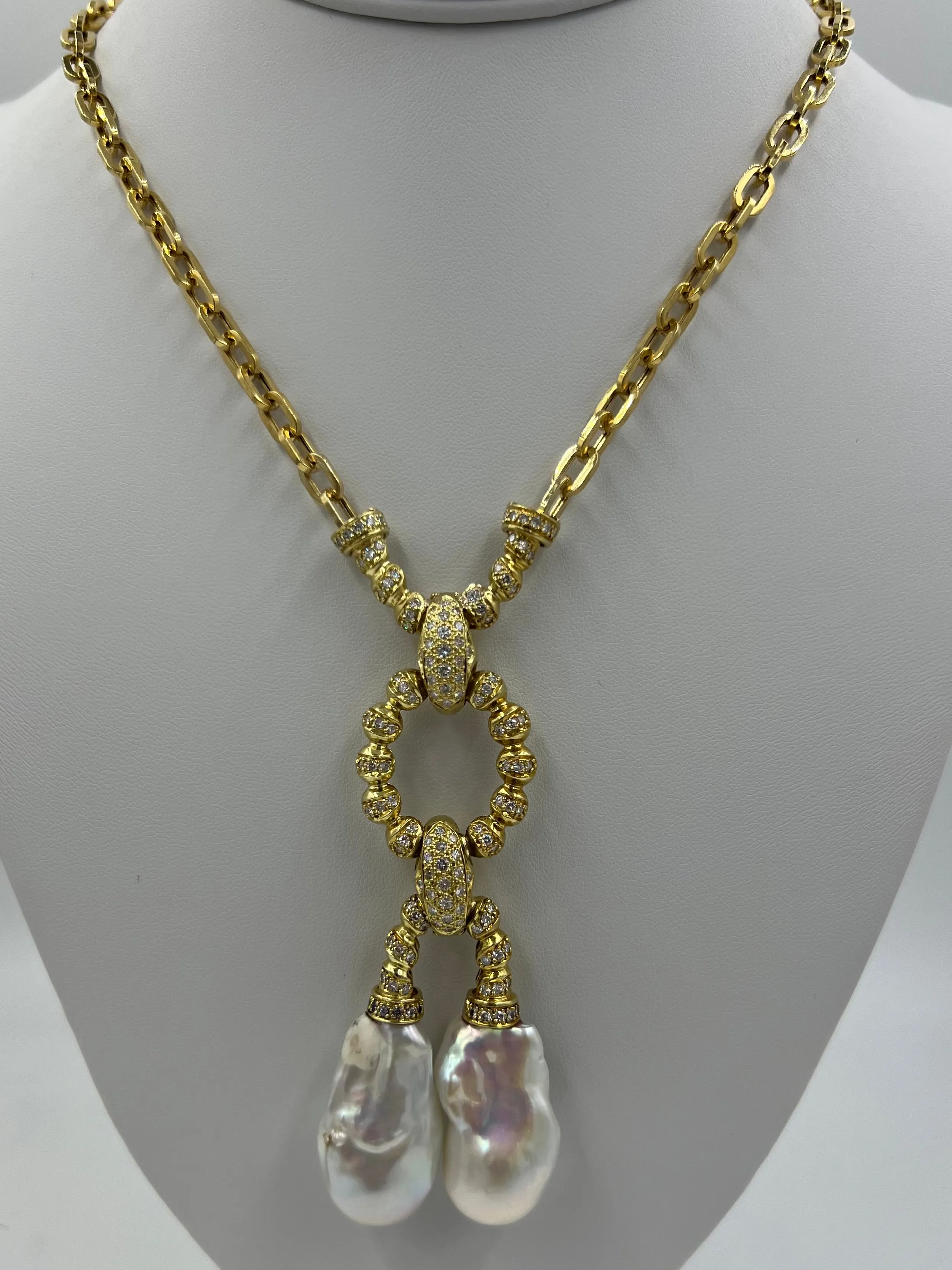 Estate Biwa Pearl Diamond Yellow Gold Link Necklace