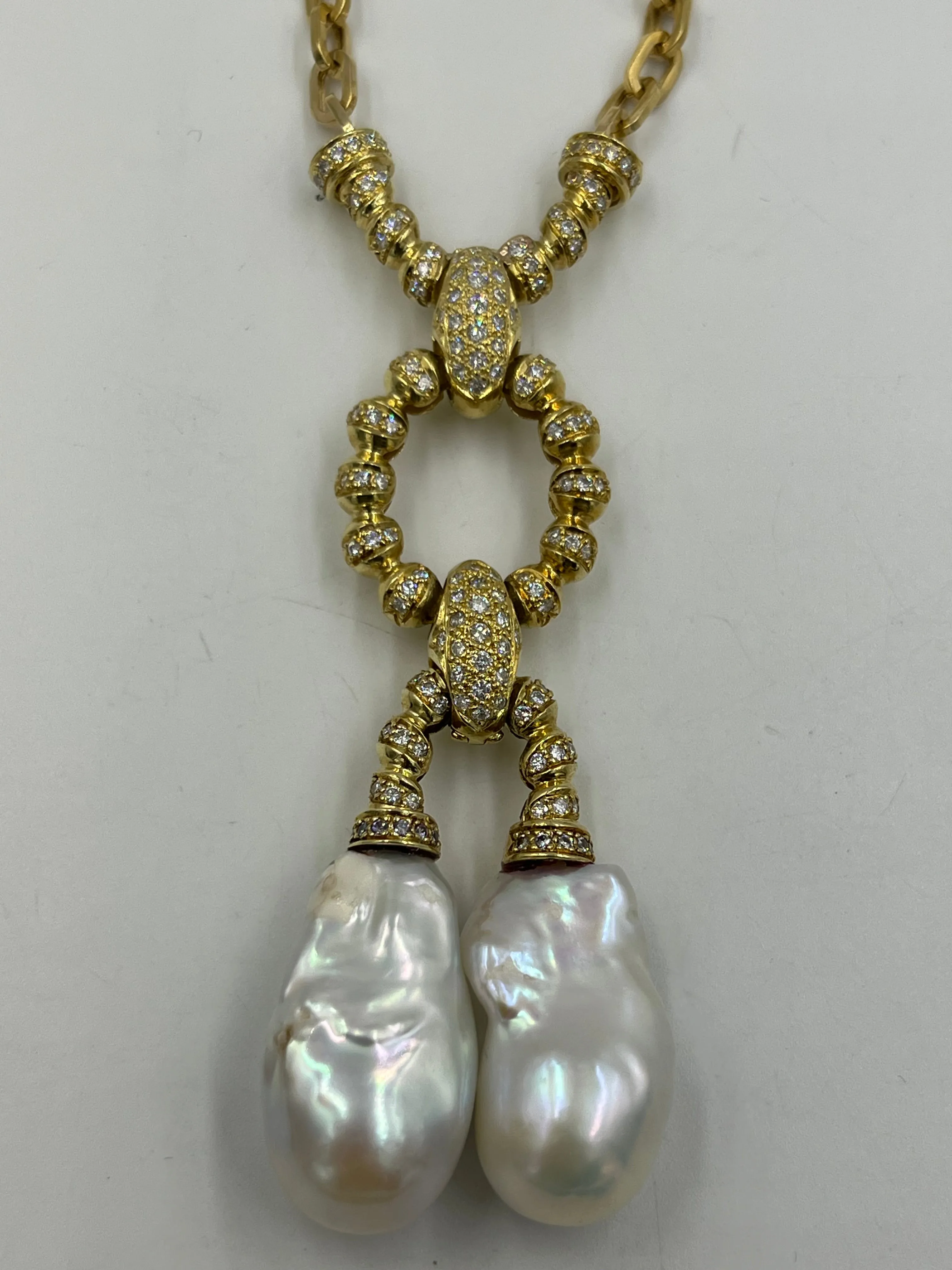 Estate Biwa Pearl Diamond Yellow Gold Link Necklace