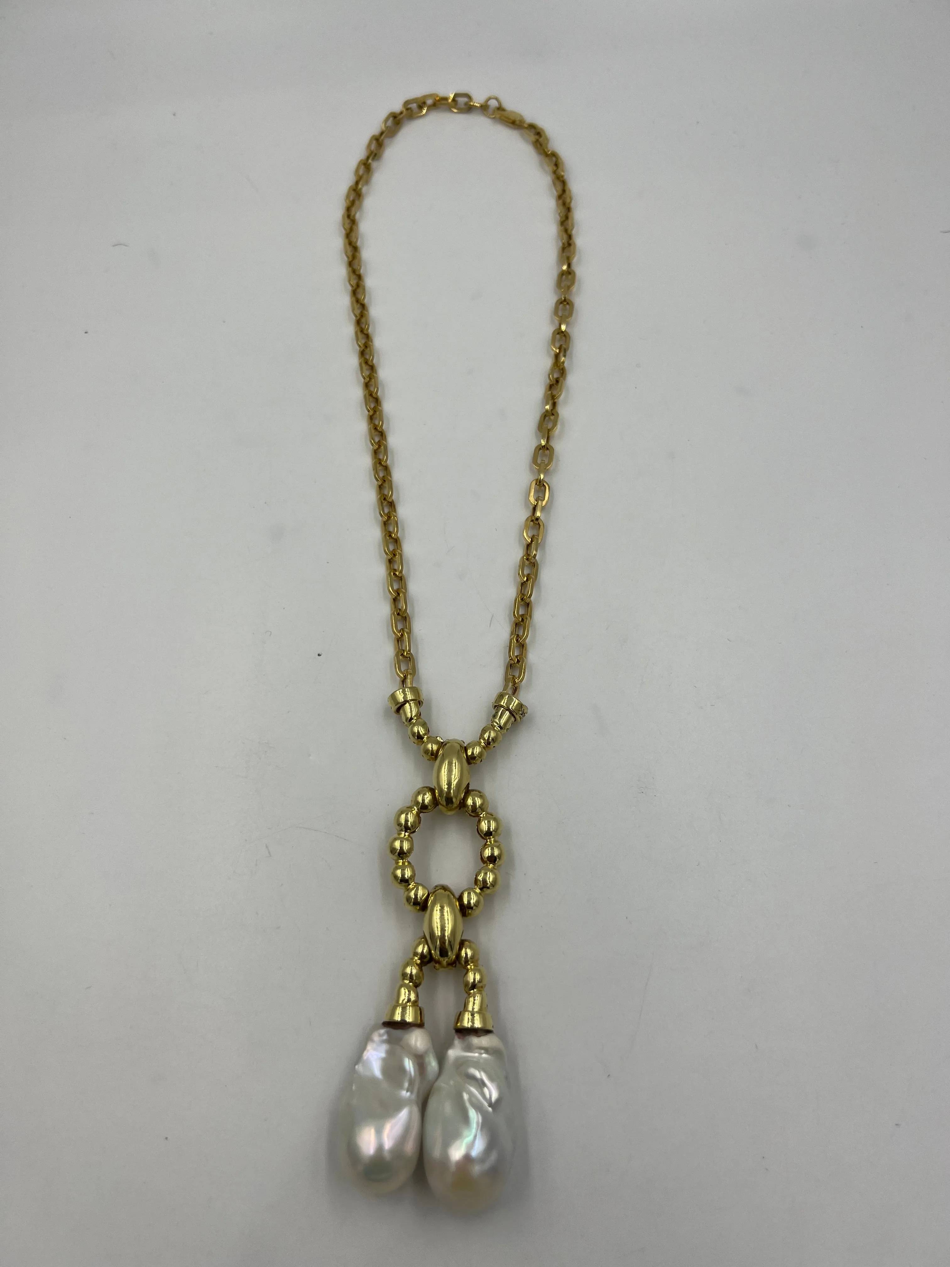 Estate Biwa Pearl Diamond Yellow Gold Link Necklace