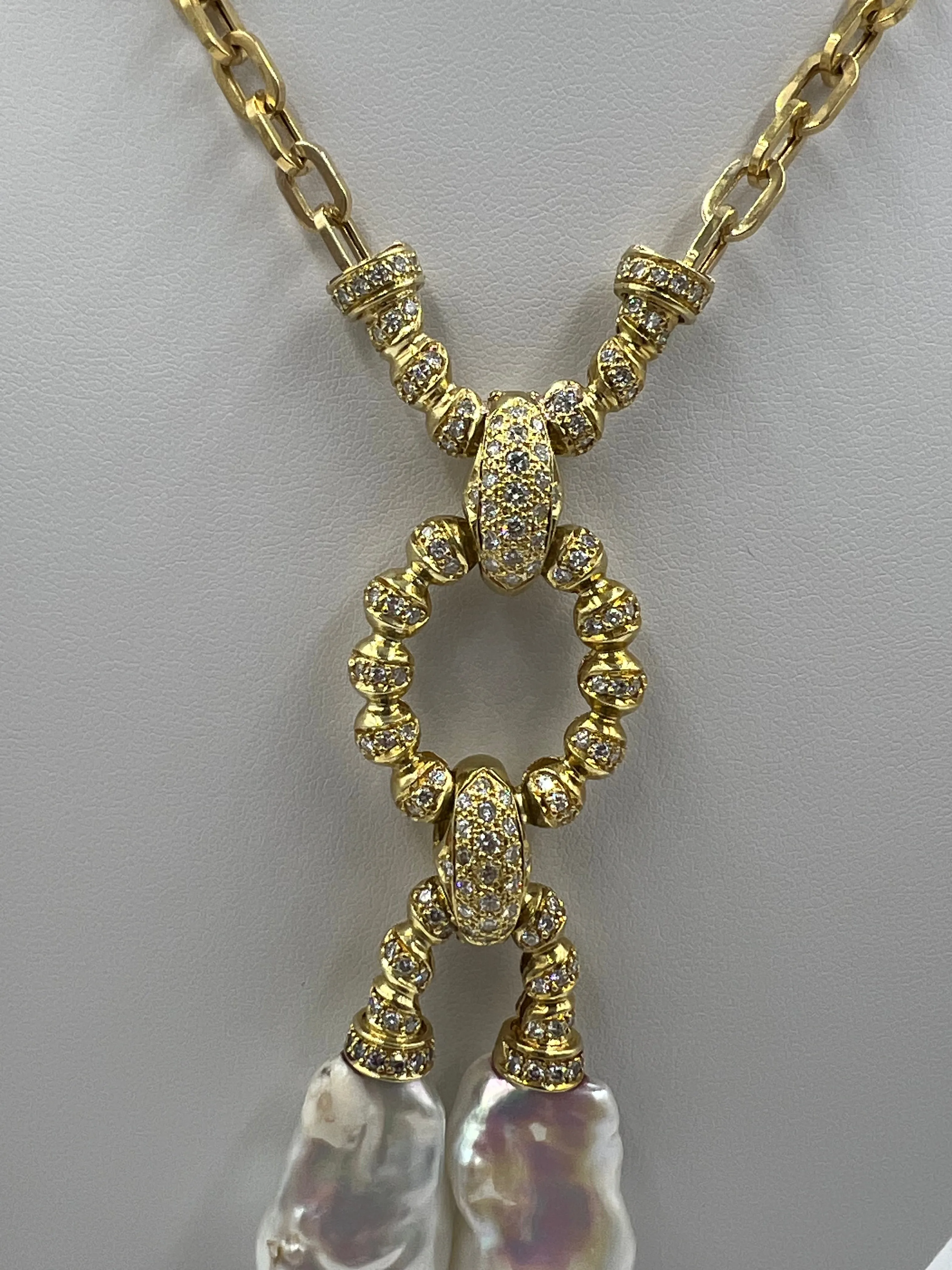 Estate Biwa Pearl Diamond Yellow Gold Link Necklace