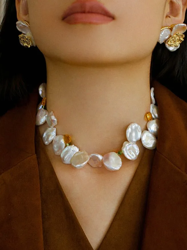 Exaggerated Large Petal Baroque Pearls Necklace