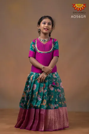 Girls Green Organza Floral Creeper Pattu pavadai