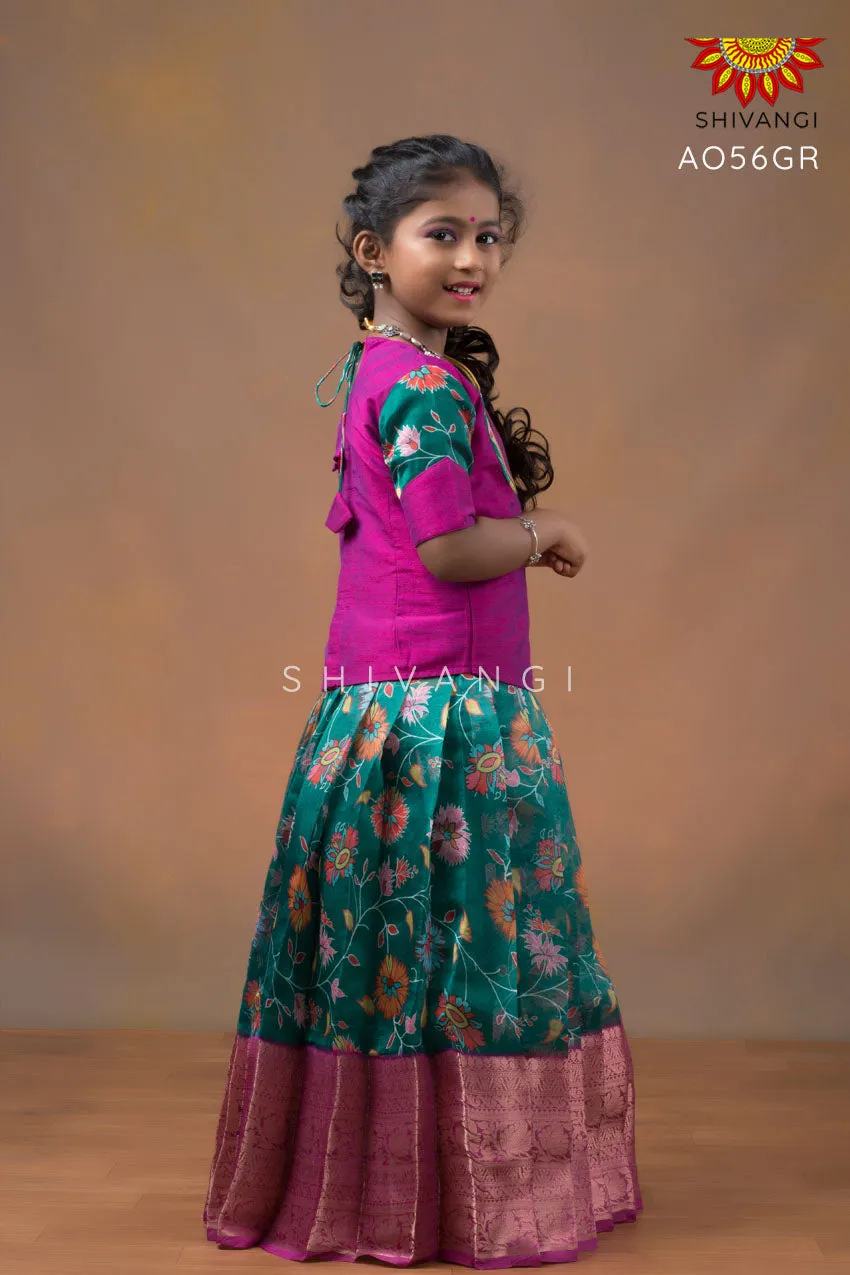 Girls Green Organza Floral Creeper Pattu pavadai