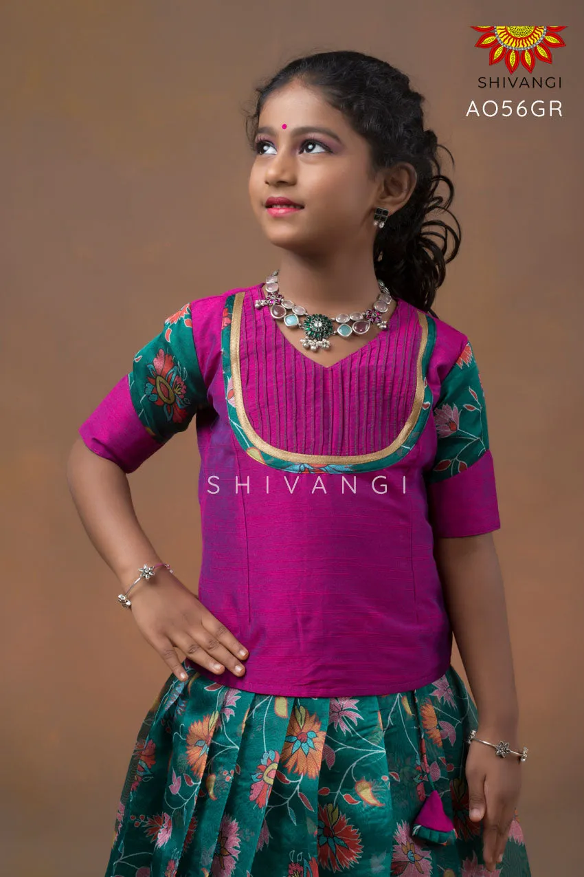 Girls Green Organza Floral Creeper Pattu pavadai