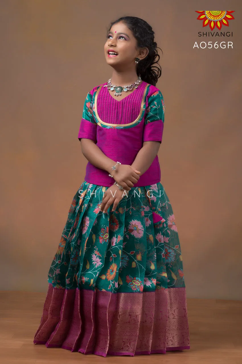 Girls Green Organza Floral Creeper Pattu pavadai