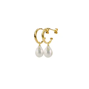 Gold Mini Hammered Hoop and Pearl Drop Earrings