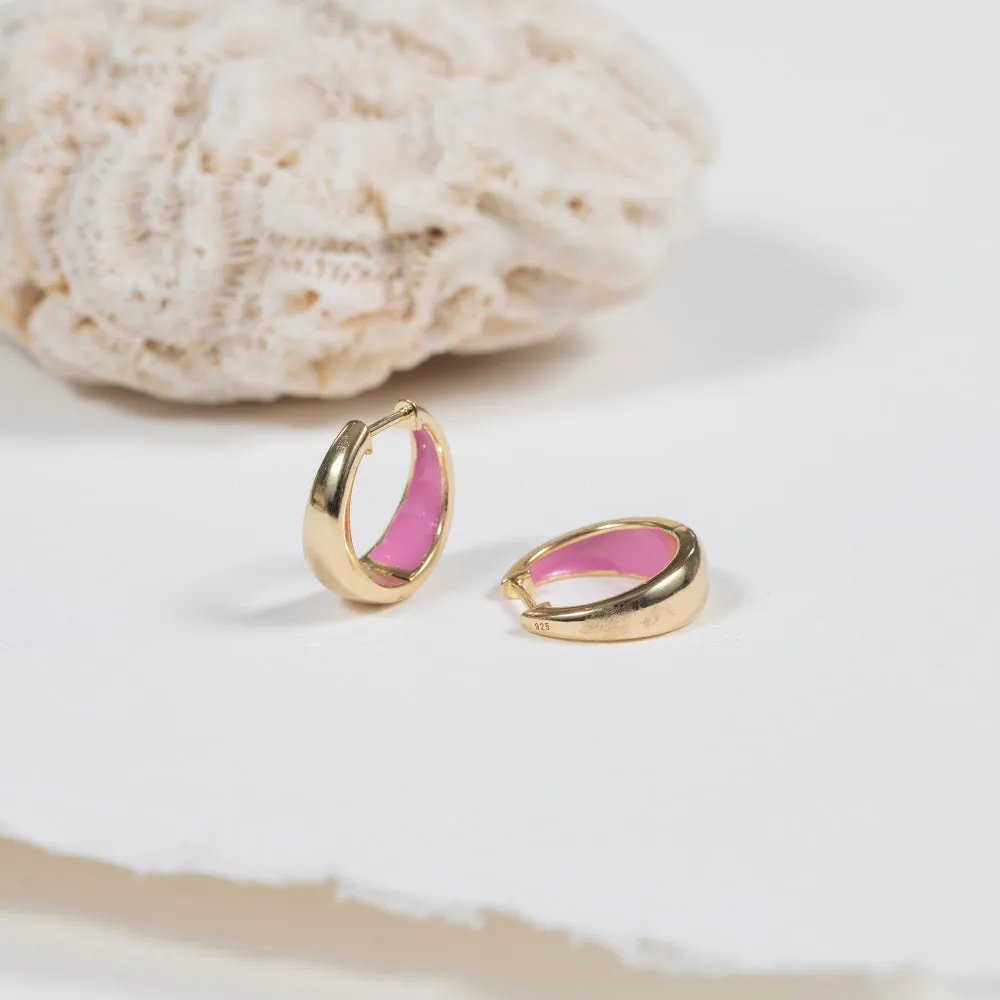 Havana Flamingo Pink Enamel & Gold Huggie Hoop Earrings