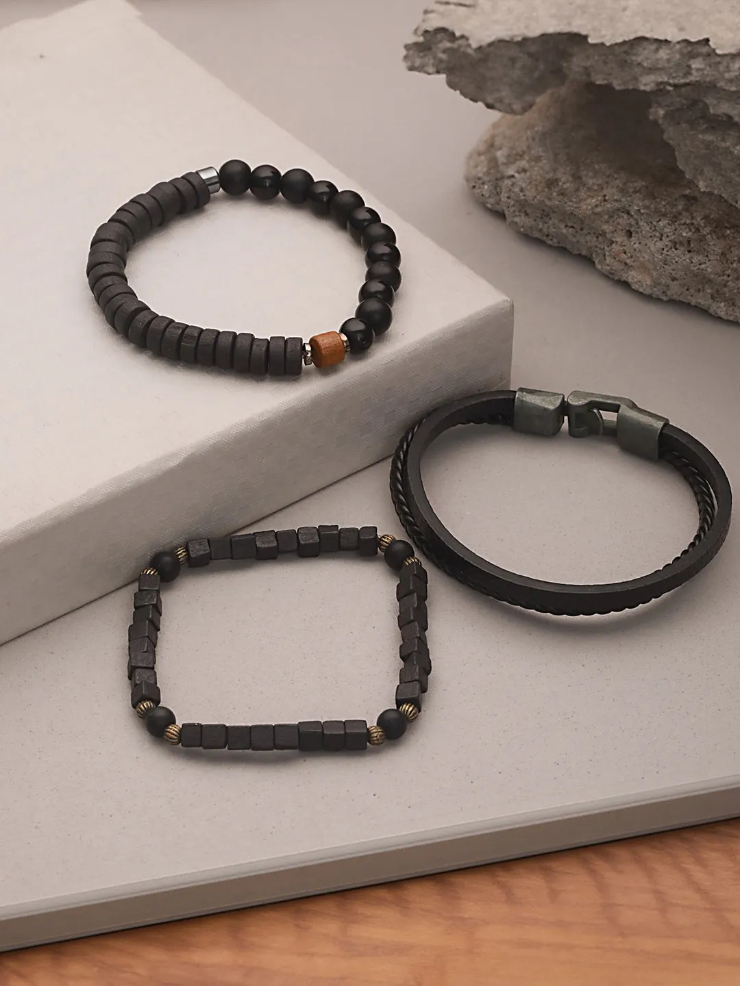 Jazz And Sizzle Men Set of 3 Black Elasticated & Beaded Bracelets