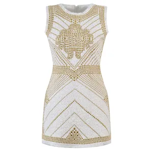 Luxurious Designer European Style Sleeveless Tweed Fabric Women Sparkle Beaded Dress for Elegant Lady Heavy Handmonds Diamonds