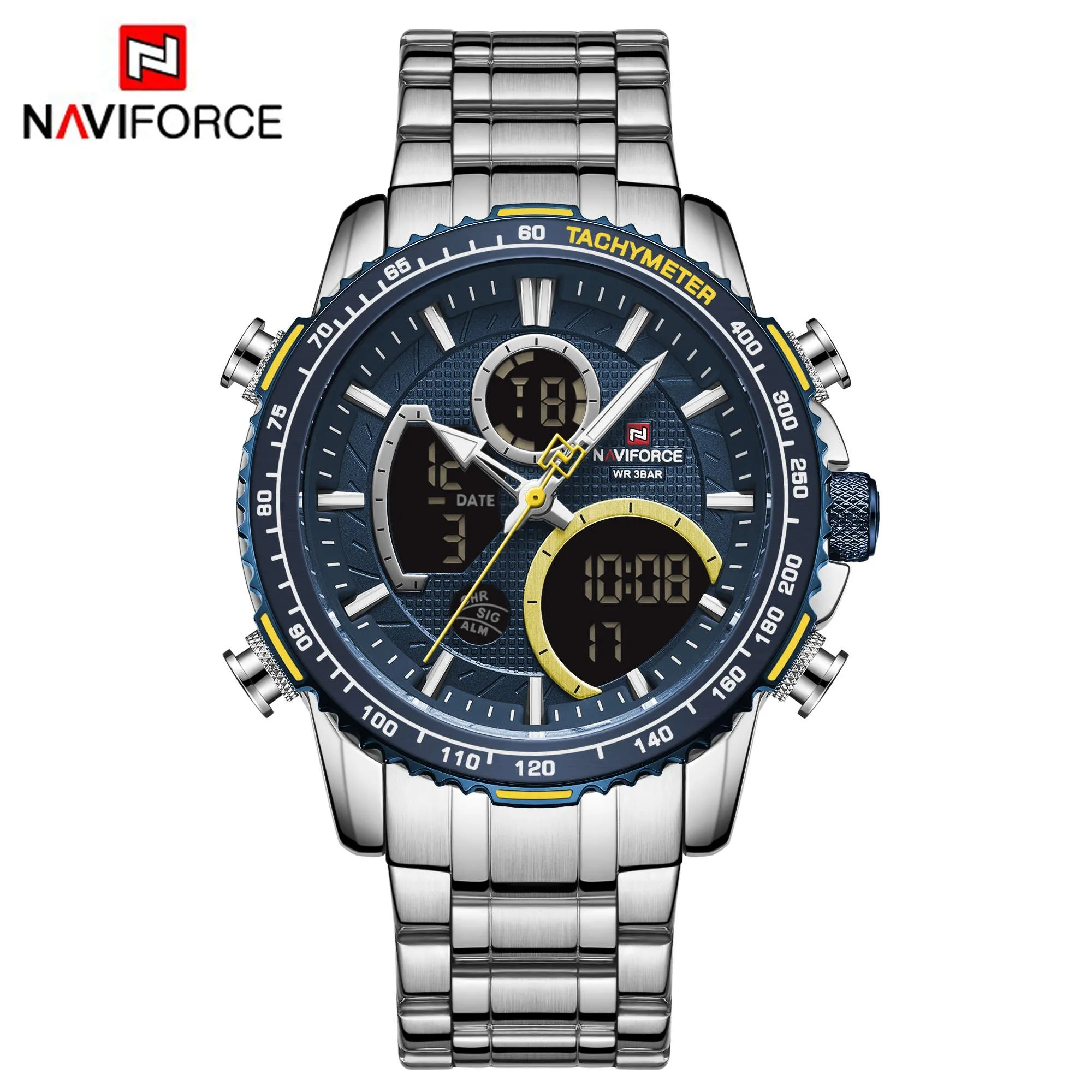 NAVIFORCE Men Digital Sports Watches Multifunction Chronograph Watch Quartz Waterproof Stainless Steel Wristwatch NF9182