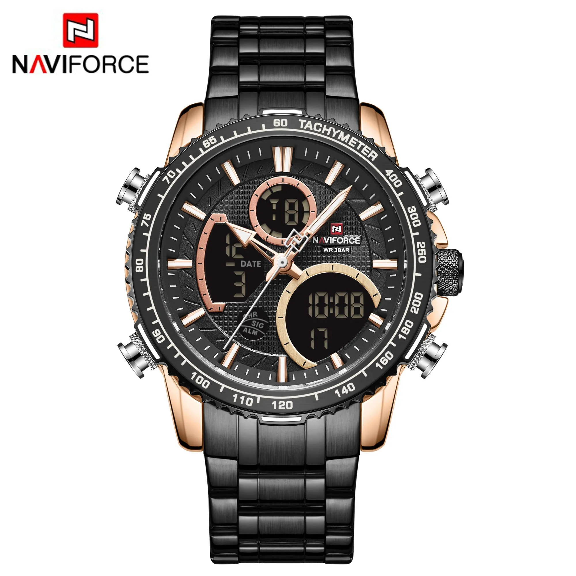 NAVIFORCE Men Digital Sports Watches Multifunction Chronograph Watch Quartz Waterproof Stainless Steel Wristwatch NF9182