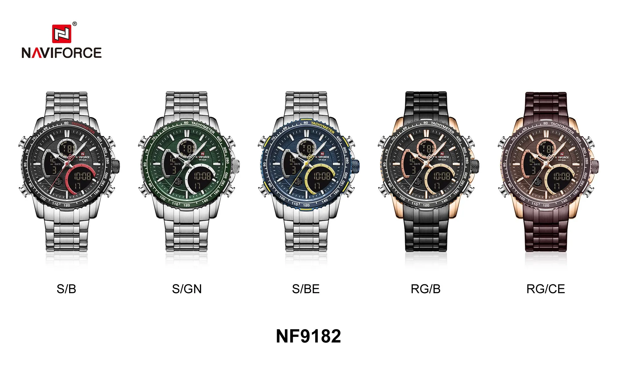 NAVIFORCE Men Digital Sports Watches Multifunction Chronograph Watch Quartz Waterproof Stainless Steel Wristwatch NF9182