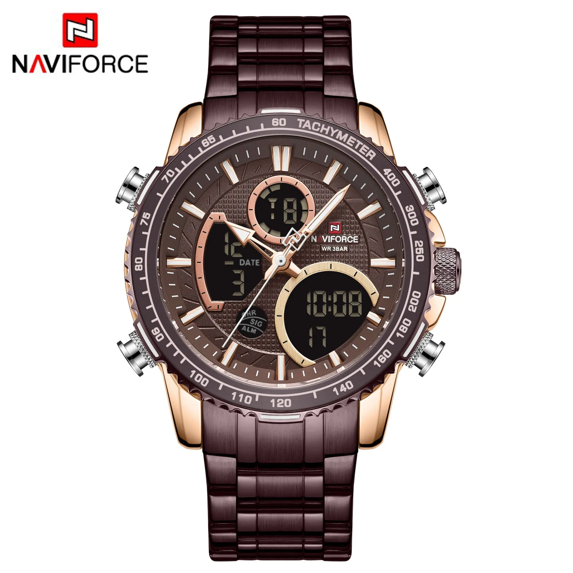 NAVIFORCE Men Digital Sports Watches Multifunction Chronograph Watch Quartz Waterproof Stainless Steel Wristwatch NF9182